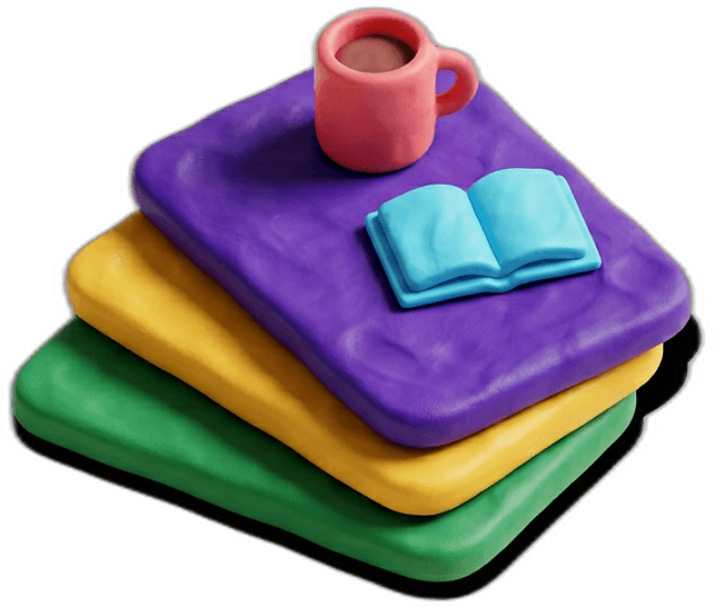 Clay illustration: a stack of lesson cards with a coffee cup and an open book