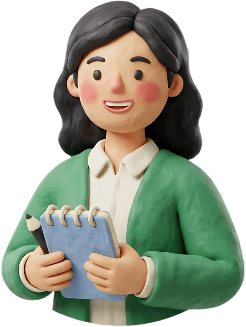 Placeholder clay illustration of May Ou — a smiling primary school teacher in a green cardigan, holding a notebook
