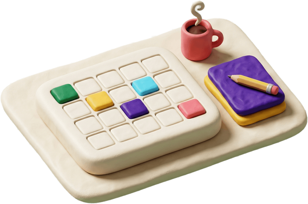Clay illustration: a cream timetable tablet with coloured lesson blocks beside a stack of lesson plans, a coffee mug and a pencil
